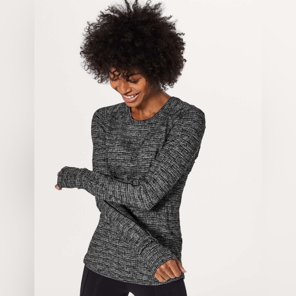 EUC Lululemon Extra Mile Long Sleeve Running Luon Ringspun Denim Black White 4